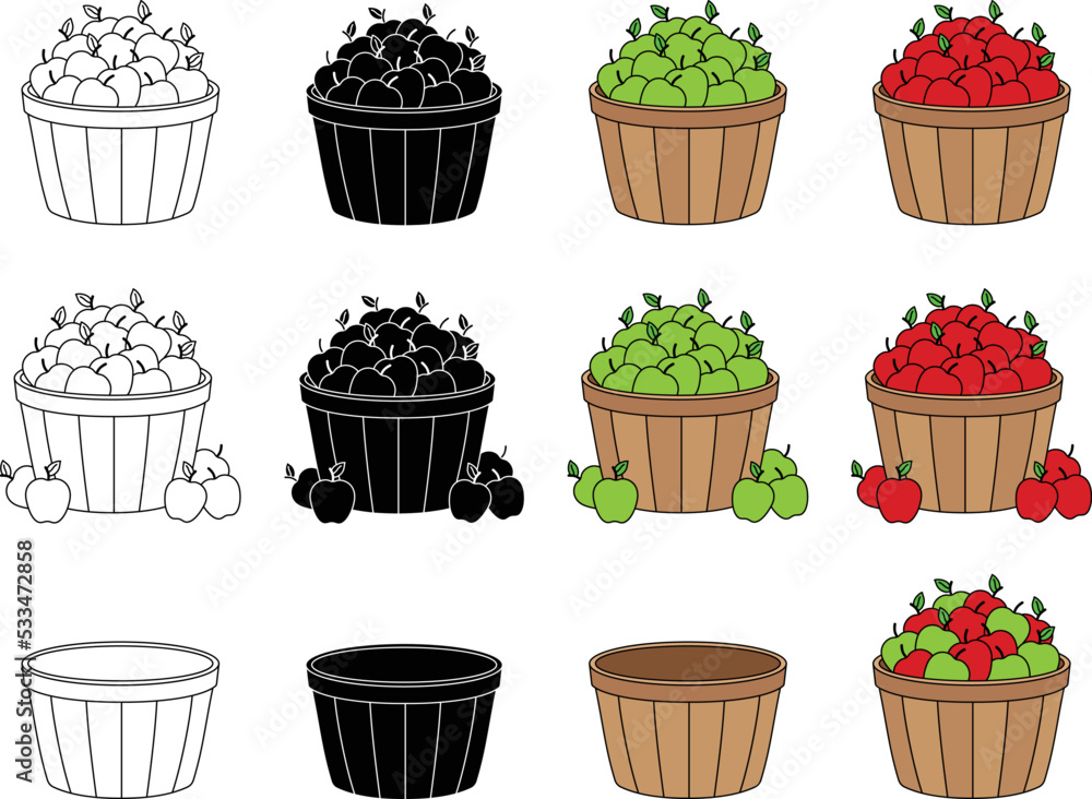 Apple Picking Basket or Bushel Clipart Outline, Silhouette and Color