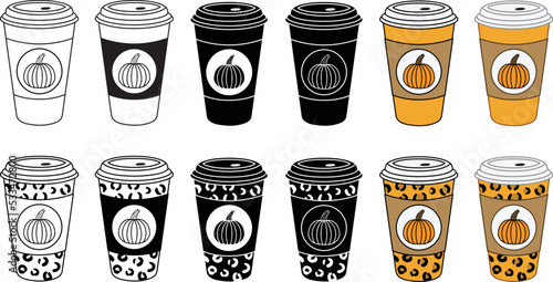 Pumpkin Spice Latte Cup with Leopard Print Clipart Set - Outline, Silhouette and Color
