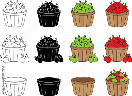 Apple Picking Basket or Bushel Clipart - Outline, Silhouette and Color photo