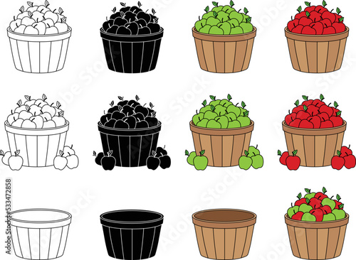 Apple Picking Basket or Bushel Clipart - Outline, Silhouette and Color