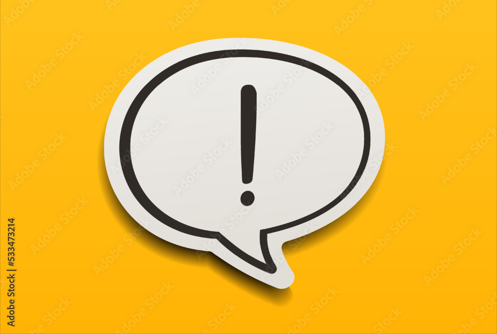 Exclamation point on paper speech bubble with yellow question cartoon pattern background. Chatting messaging communication concept. Exclamation point on paper speech bubble with yellow question cartoon pattern background. Chatting messaging communication concept.