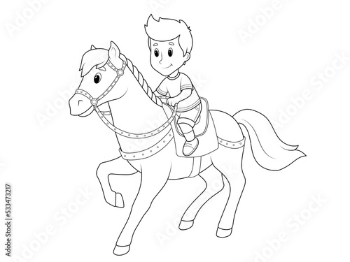 Boy riding a pony. Coloring book, raster.