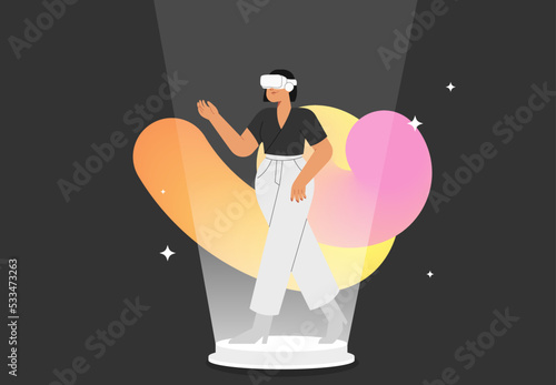 Flat vector illustration with woman wearing virtual reality glasses, interacting and creating a virtual world. Concept of future innovations.
