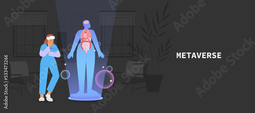 Flat vector illustration with student or intern wearing virtual reality glasses are practicing virtual treating patients. Concept of digital learning space.