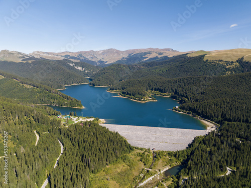Aerial view of Lake Bolboci in the Bucegi Mountains, Romania © Peter
