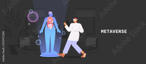 Flat vector illustration with student or intern wearing virtual reality glasses are practicing virtual treating patients. Concept of digital learning space.