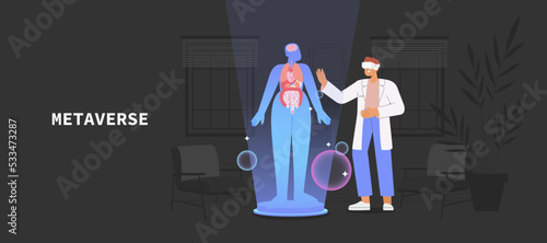 Flat vector illustration with student or intern wearing virtual reality glasses are practicing virtual treating patients. Concept of digital learning space.