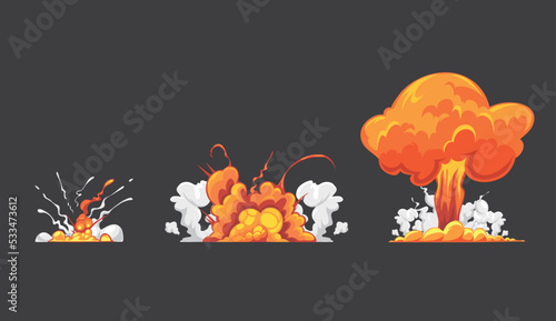 Explosions force, line art template on dark backdrop, comic background, vector graphic, explosion power stages, cartoon 