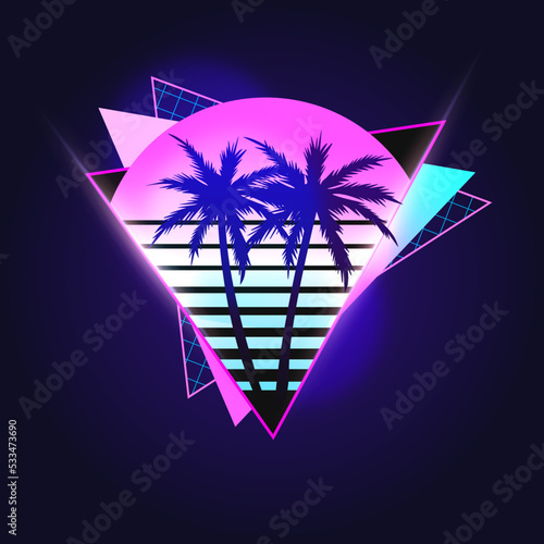 Synthwave Vector Illustration for apparel with Palms, Sunset, grid, neons and triangles photo