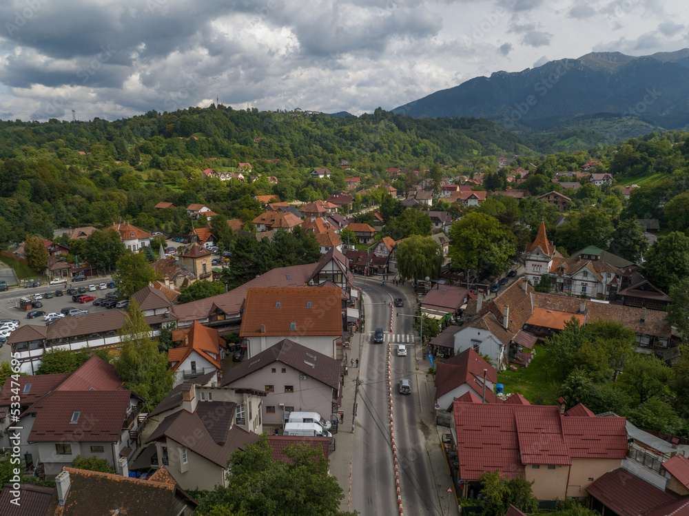 Aerial view of the village of Bran in Romania Aerial view of the village of Bran in Romania