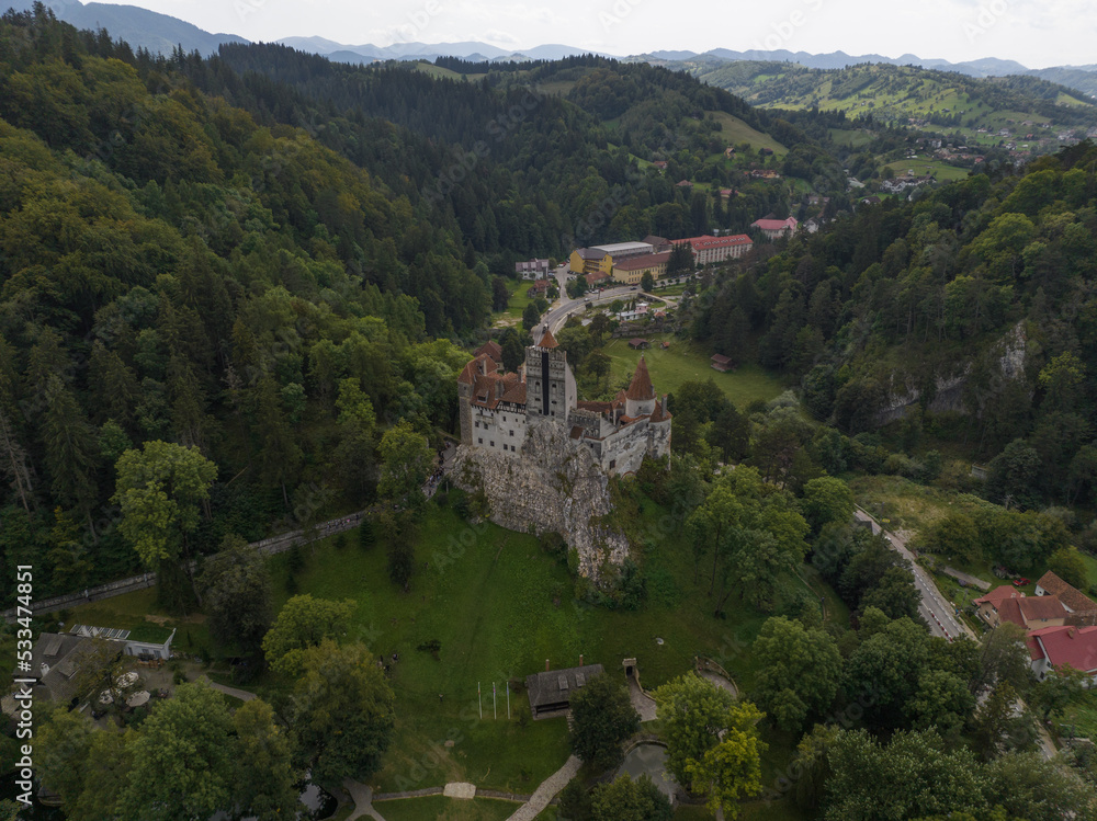 Aerial view of Dracula Castle in the village of Bran in Romania