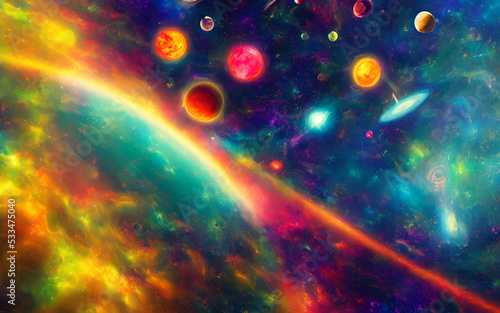 I am looking at a solar system that is made up of swirls of bright colors. It looks like it was created with paints or chalk, and it's very dreamy and peaceful-looking. The planets are all different s © dreamyart