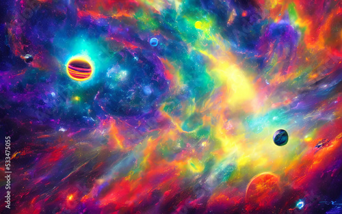 I am looking at a dreamy, psychedelic solar system. The sun is a bright orange ball in the center of the painting, and around it are swirls of blue and green planets and stars. Some of the planets hav