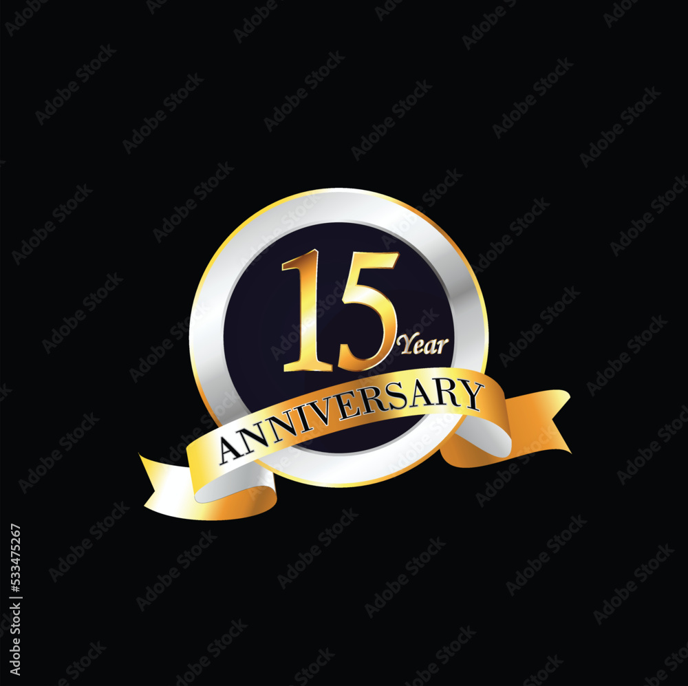 15 Year Anniversary celebration Vector Design with ring and ribbon. 15th Anniversary celebration. Gold Luxury Banner of 15th Anniversary celebration. fifteenth celebration card. Vector anniversary 15 Year Anniversary celebration Vector Design with ring and ribbon. 15th Anniversary celebration. Gold Luxury Banner of 15th Anniversary celebration. fifteenth celebration card. Vector anniversary