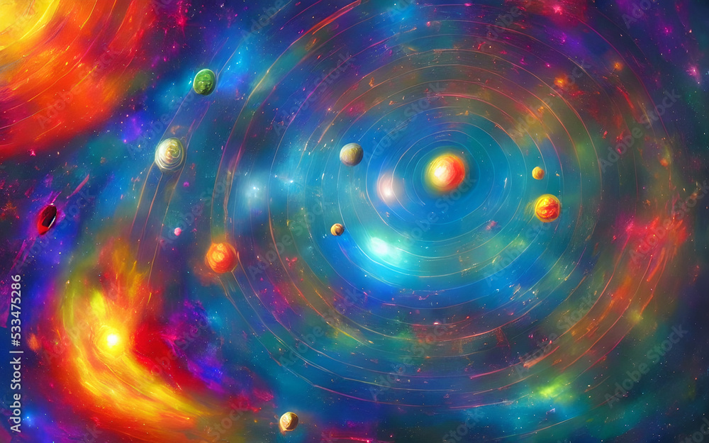 The sun is a giant orange ball in the center of the picture, with planets orbiting around it in swirls of blues, greens, and purples. The background is a deep black abyss studded with bright stars. The sun is a giant orange ball in the center of the picture, with planets orbiting around it in swirls of blues, greens, and purples. The background is a deep black abyss studded with bright stars.