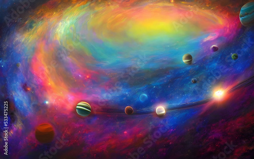 The scene is of a spiral galaxy with intense blues, purples and greens. At the center is a yellow sun with planets orbiting around it. The brightest object in the sky is a nearby red supergiant star.