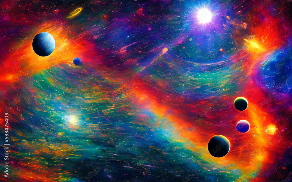 In this picture, the solar system is represented in a dreamy and ...