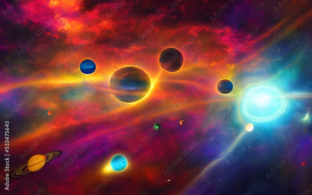 The dreamy, psychedelic solar system is a beautiful sight. The colors are so bright and vibrant that they almost hurt your eyes. You can see all the planets and their moons orbiting around the sun. It