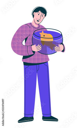 Man holding aquarium with fish. Taking care of animals and underwater inhabitants.