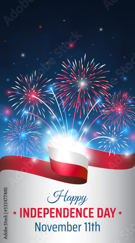 November 11, poland independence day, vector template with polish flag and colorful fireworks on blue night sky background. Poland national holiday november 11th. Independence day greeting card
