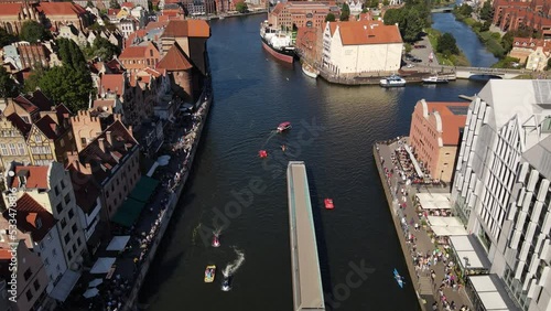View from the drone on the old town of Gdansk on the Motlawa River.