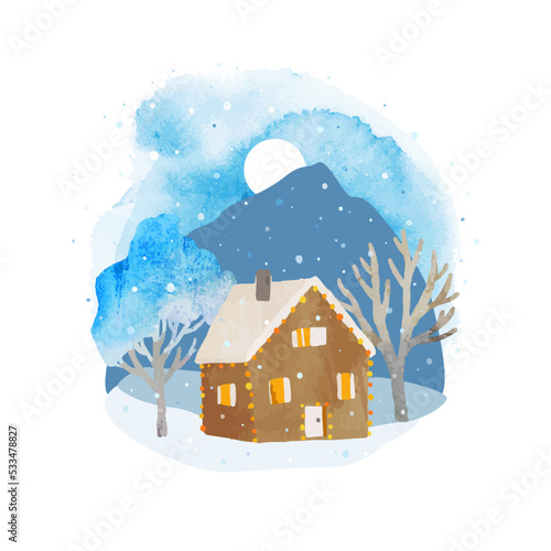 Watercolor winter vector illustration. Forest, mountain, cozy house and abstract watercolor vector splashes. Christmas hand drawn illustration with house and snow