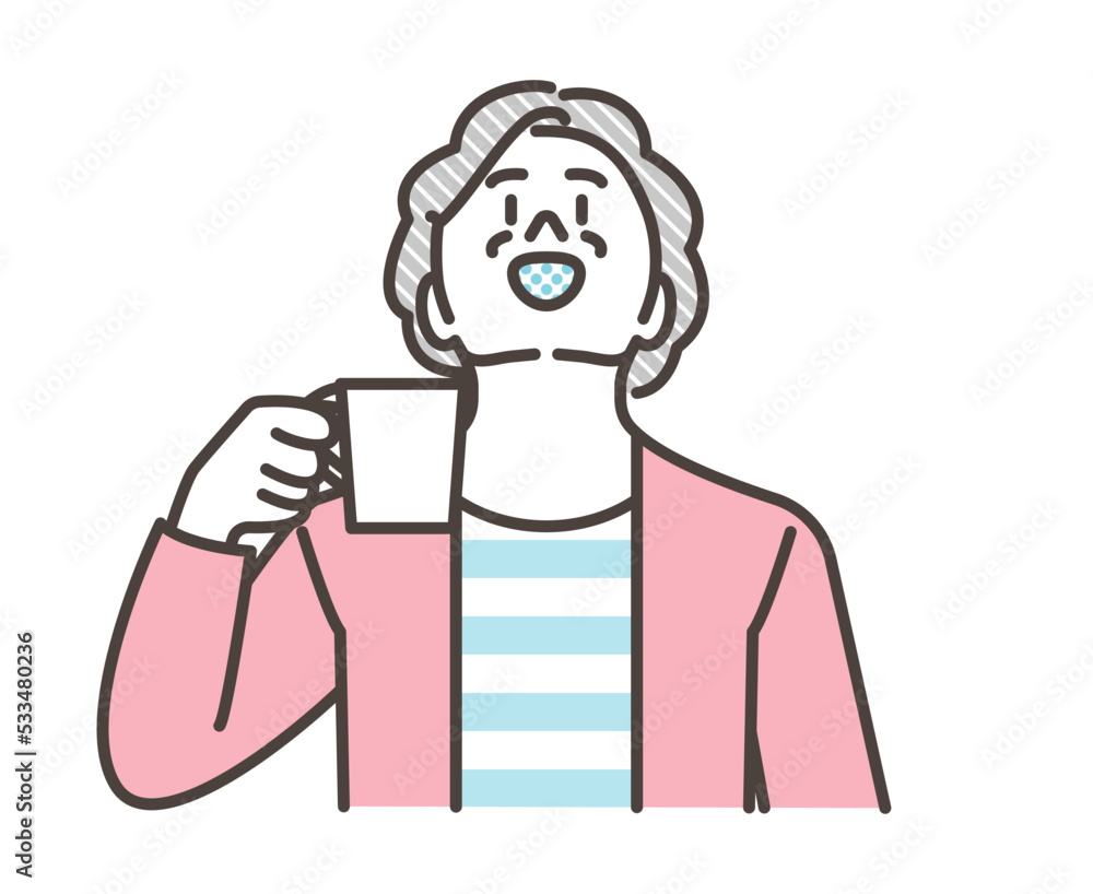 Senior woman gargling to prevent corona infection and stay healthy [Vector illustration of upper body].