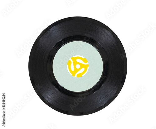Vintage 45 rpm vinyl phonograph with yellow record player adapter isolated. photo