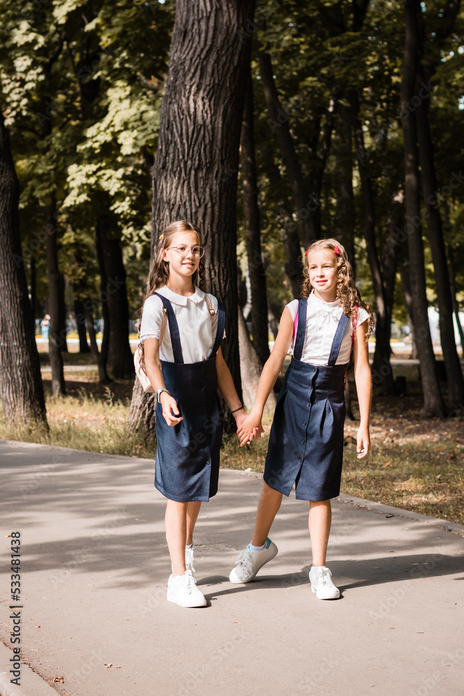 Two elementary pupils smile and hold hands and go to school on a warm day. Vertical view