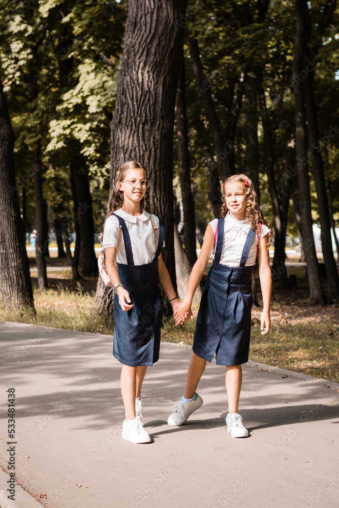 Two elementary pupils smile and hold hands and go to school on a warm day. Vertical view Two elementary pupils smile and hold hands and go to school on a warm day. Vertical view