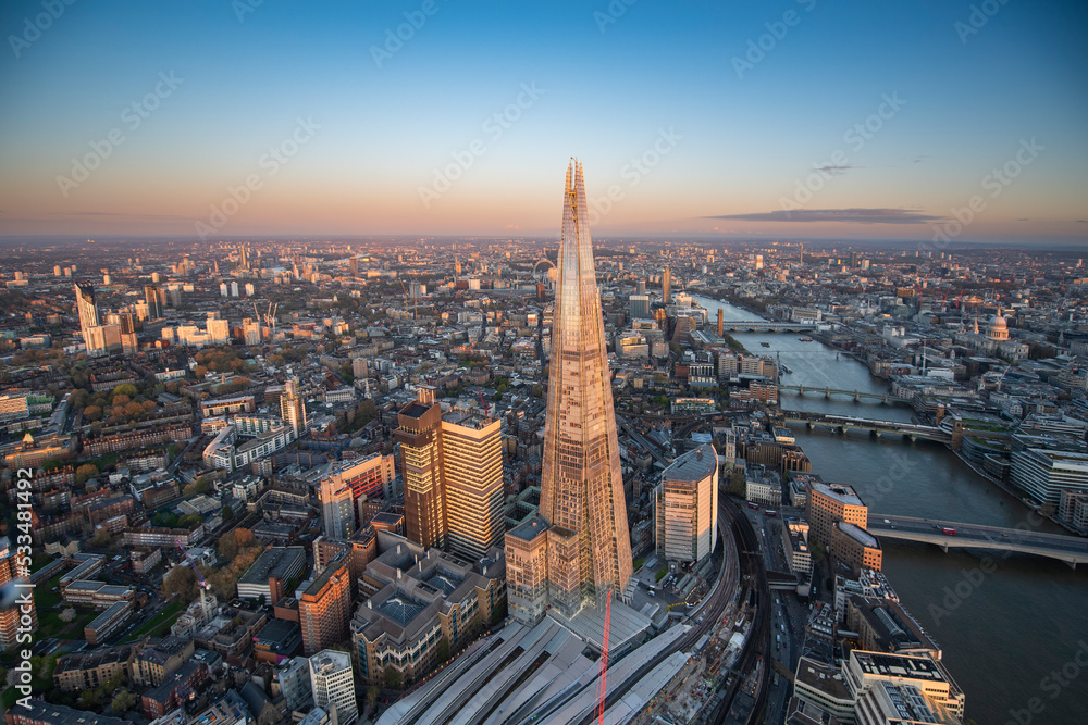 aerial view of the shard and london skyline at sunrise