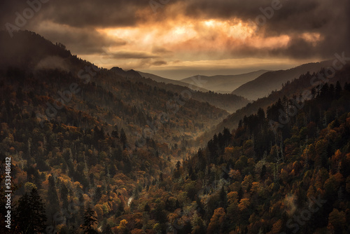 The Great Smoky Mountains National Park of Tennessee scenic vista under dark and dramatic autumn stormy weather  photo