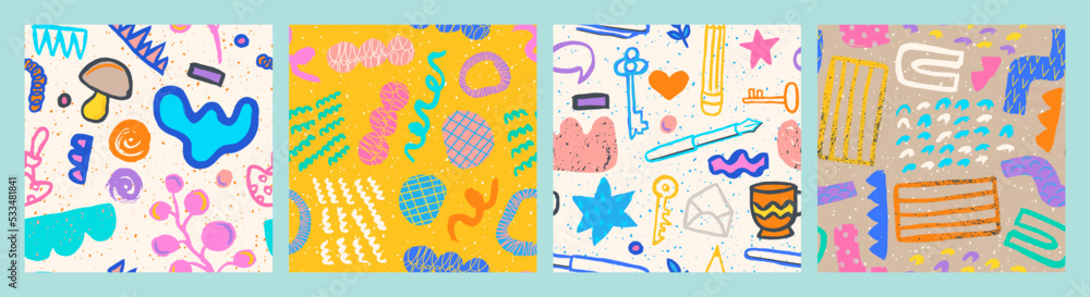 Hand drawn grunge doodles patterns set. Abstract ornaments. Backgrounds with abstract modern elements and shapes.