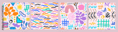 Hand drawn grunge doodles patterns set. Abstract ornaments. Backgrounds with abstract modern elements and shapes.