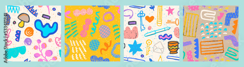 Hand drawn grunge doodles patterns set. Abstract ornaments. Backgrounds with abstract modern elements and shapes.