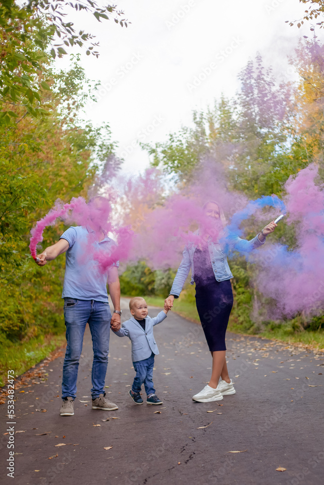 Fototapeta premium little boy with parents on gender party with colorful smoke