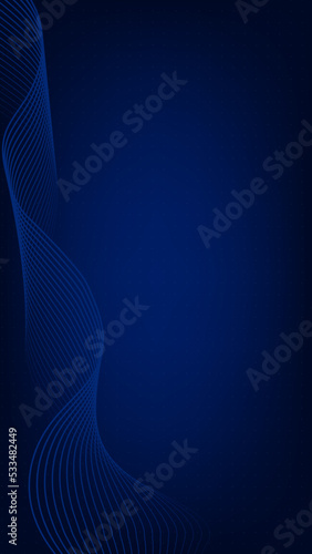 Abstract wavy curved lines. Vertical, 6:19, gradient blue technology background with small dots. Digital data visualization. Tech, business, science concept. Use for banner, presentation, template.