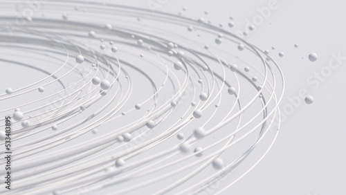 White particles and circles. Abstract monochrome illustration, 3d render, close-up.