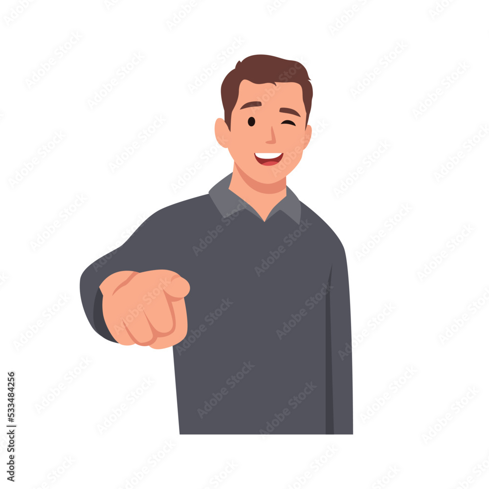 Young man saying I want you while pointed forward.cartoon of business,employee success is the concept of the man characters business. Flat vector illustration isolated on white background Young man saying I want you while pointed forward.cartoon of business,employee success is the concept of the man characters business. Flat vector illustration isolated on white background