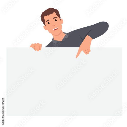 Young man holding or showing displaying white blank board or banner poster and pointing index finger towards. Flat vector illustration isolated on white background