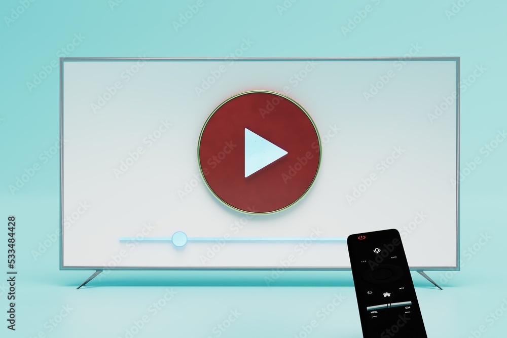 watch videos on smart TV. TV with a play button on the display and a remote control on a blue background. 3D render watch videos on smart TV. TV with a play button on the display and a remote control on a blue background. 3D render
