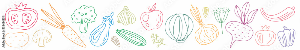 Vector horizontal set of vegetables drawn with a thin line in the style of doodles.