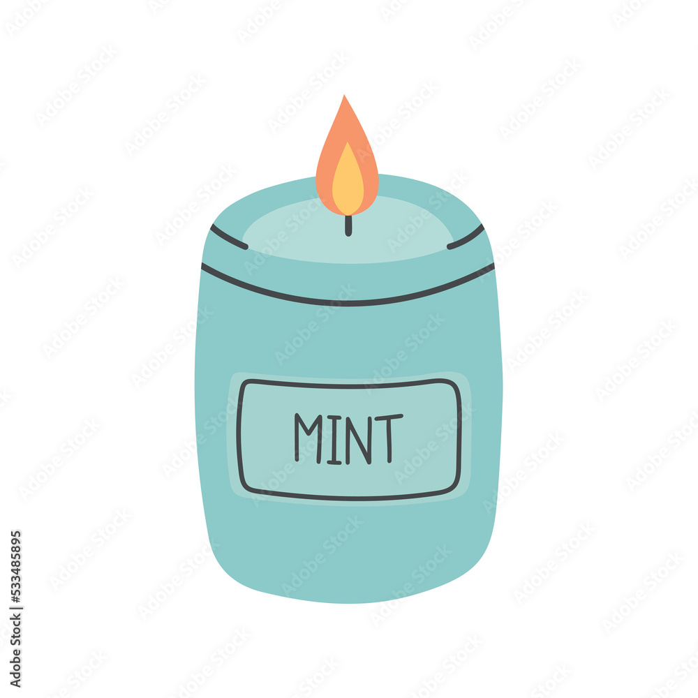 Single hand drawn candle for New Year and Xmas greeting cards, posters, stickers and seasonal design. Decorative wax candle Mint for relax and spa. Single hand drawn candle for New Year and Xmas greeting cards, posters, stickers and seasonal design. Decorative wax candle Mint for relax and spa.