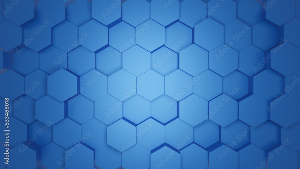 Abstract blue background with hexagons or honeycombs as 3D rendering, hexagonal wallpaper, network connection concept, geometric illustration design Abstract blue background with hexagons or honeycombs as 3D rendering, hexagonal wallpaper, network connection concept, geometric illustration design