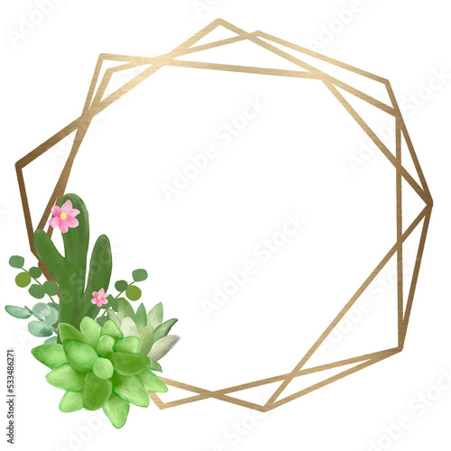 Golden Metal Frame, Wreath, Cactus, Succulents, pink flower, invitation, Celebration