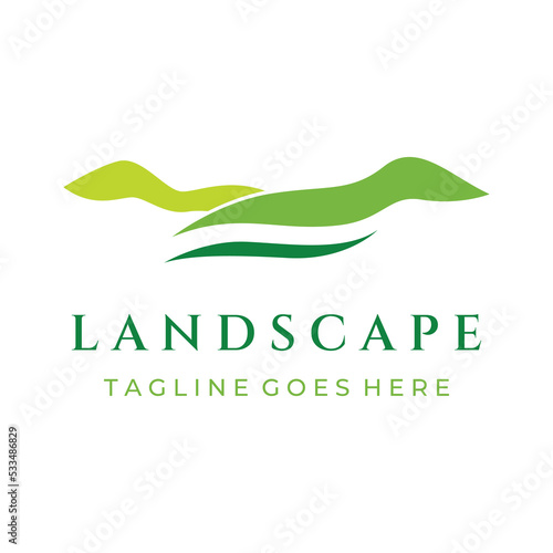 Green landscape logo creative template design with farmland or plantations and hills.Logo for natural and agricultural products.