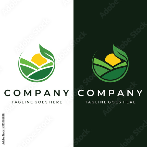 Green landscape logo creative template design with farmland or plantations and hills.Logo for natural and agricultural products.