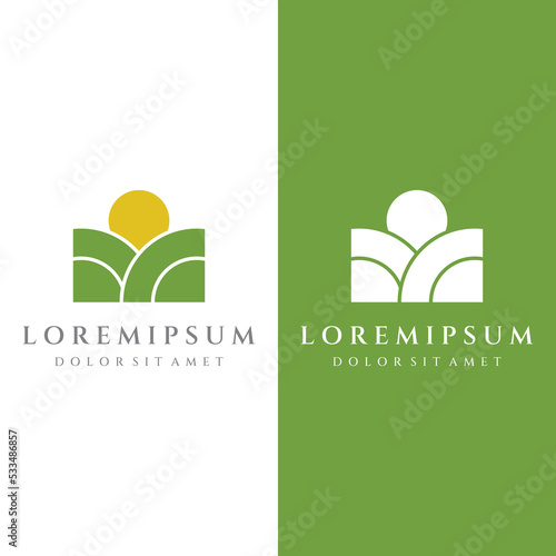 Green landscape logo creative template design with farmland or plantations and hills.Logo for natural and agricultural products.