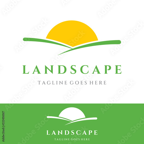 Green landscape logo creative template design with farmland or plantations and hills.Logo for natural and agricultural products.