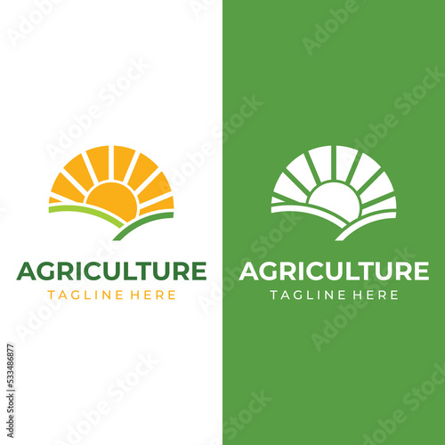 Green landscape logo creative template design with farmland or plantations and hills.Logo for natural and agricultural products.